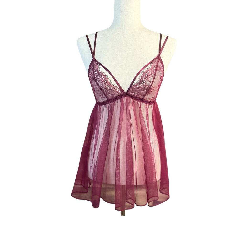 Victoria's Secret Burgundy Lingerie Babydoll Vintage Inspired Sheer Strappy XS